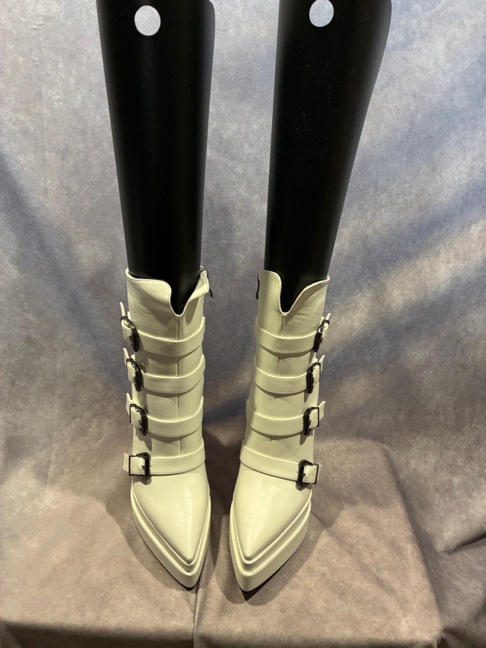 Pointed White Buckle Ankle Boots